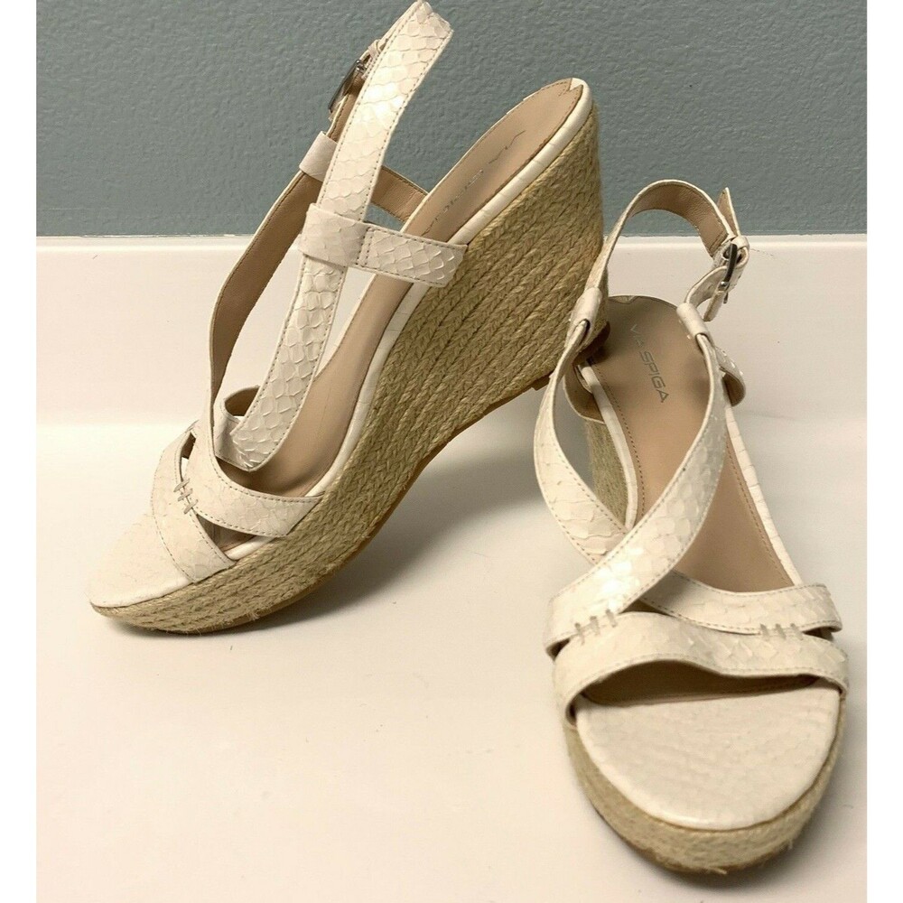 Via Spiga Women 10 Beige Espadrille Wedge Sandal Leather Snakeskin Print
